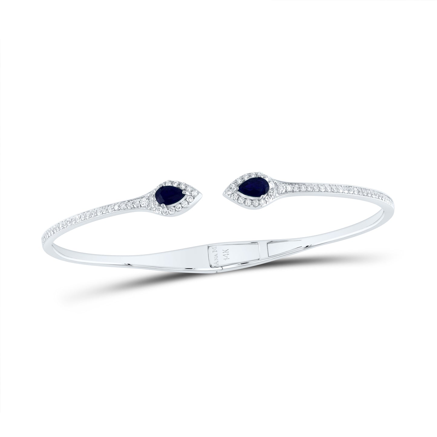 14kt White Gold 5/8 Cttw Diamond Ana M and 1/2 Cttw Pear Blue Sapphire Natural Gem Pear Bangle