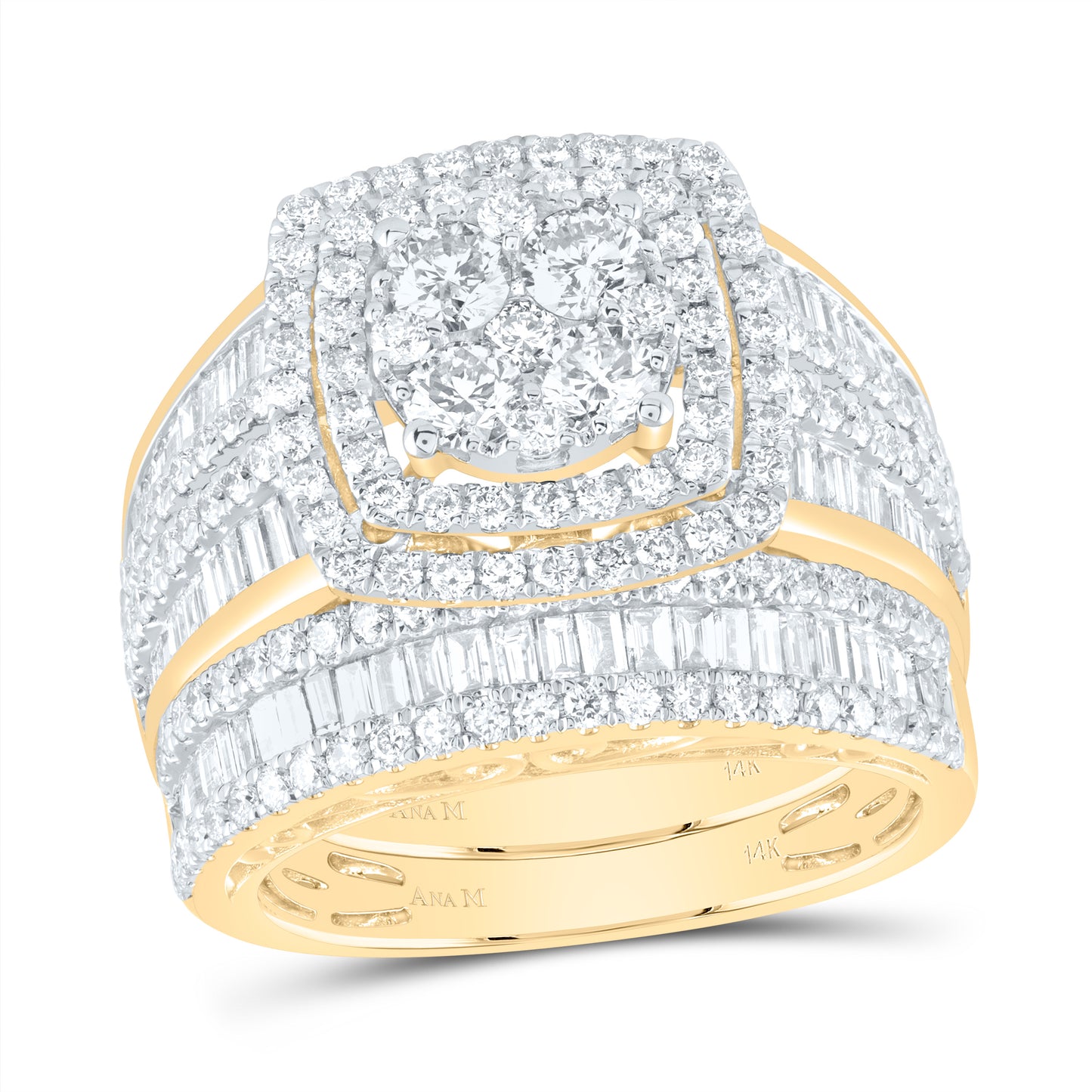 14kt Yellow Gold 2 1/2 Cttw Diamond Ana M Cushion Double Halo Wedding Engagement Anniversary Bridal Set, Women Size: 5-9