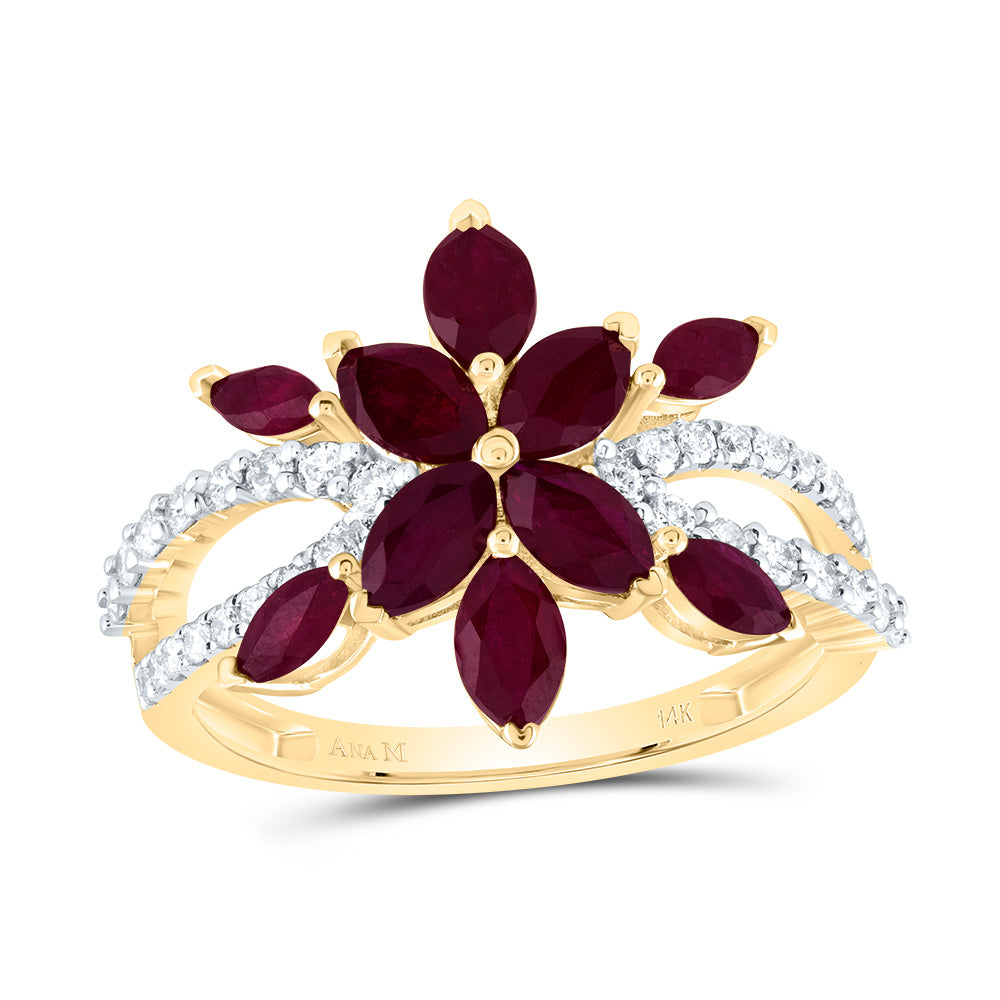 14kt Yellow Gold 1/3 Cttw Diamond Ana M 2 Cttw-mq Ruby Natural Wedding Engagement Anniversary Gem Ring, Women Size: 5-9