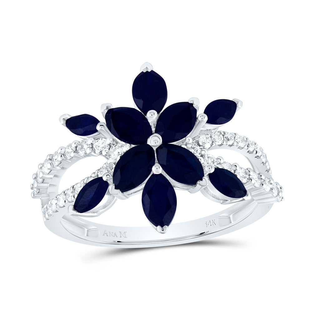 14kt White Gold 1/3 Cttw Diamond Ana M 2 1/3 Cttw-mq Blue Sapphire Natural Wedding Engagement Anniversary Gem Ring, Women Size: 5-9