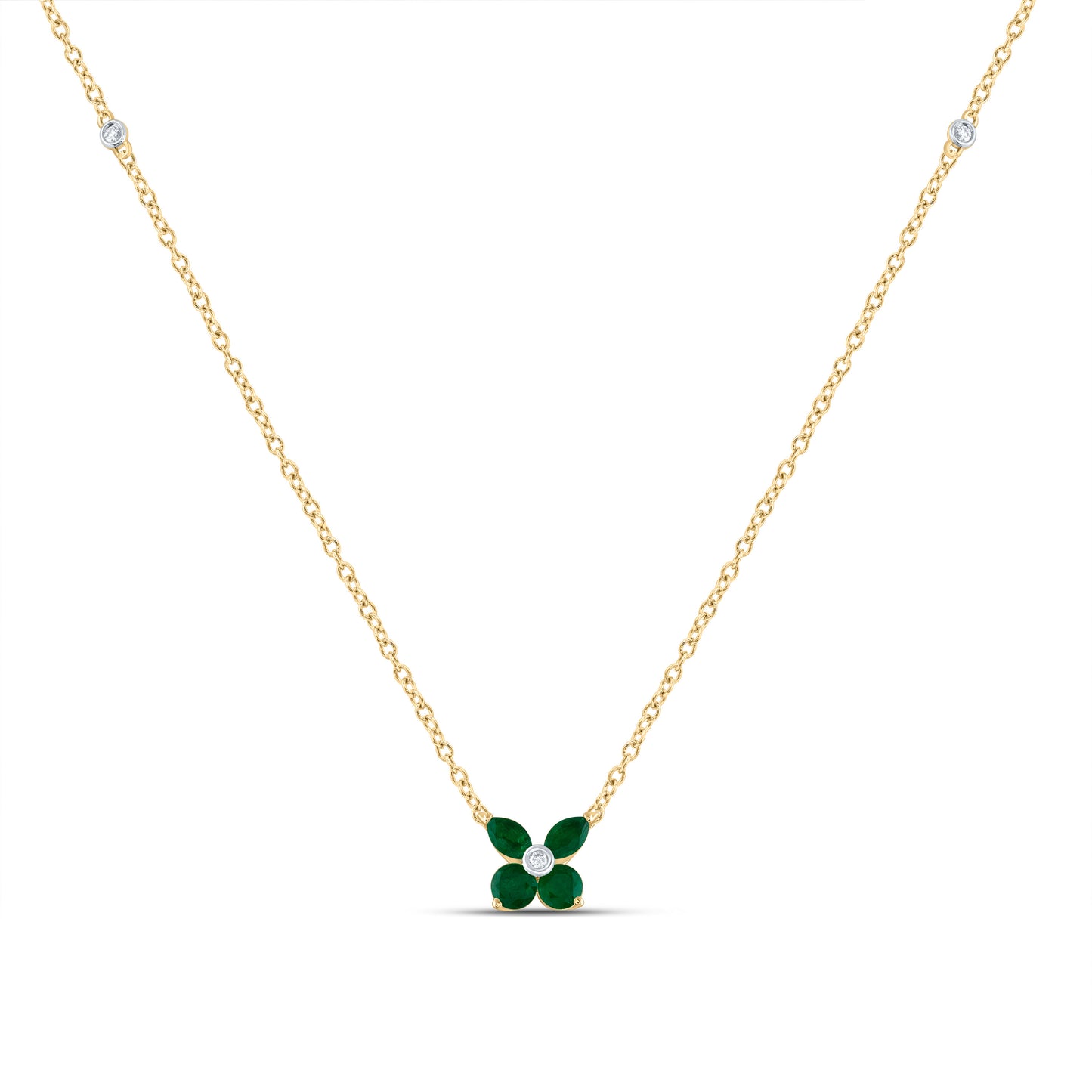 14kt Yellow Gold 0.02 Cttw Diamond Ana M and 1/8 Cttw-Marquise-em, 1/6 Cttw Round Emerald Natural Gem Necklace, Length: 18 Inch
