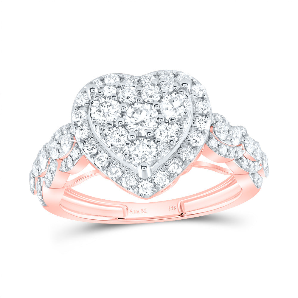 14kt Rose Gold 1 1/3 Cttw Natural Diamond Ana M Heart Single Halo Wedding Engagement Anniversary Ring, Women Size: 5-9