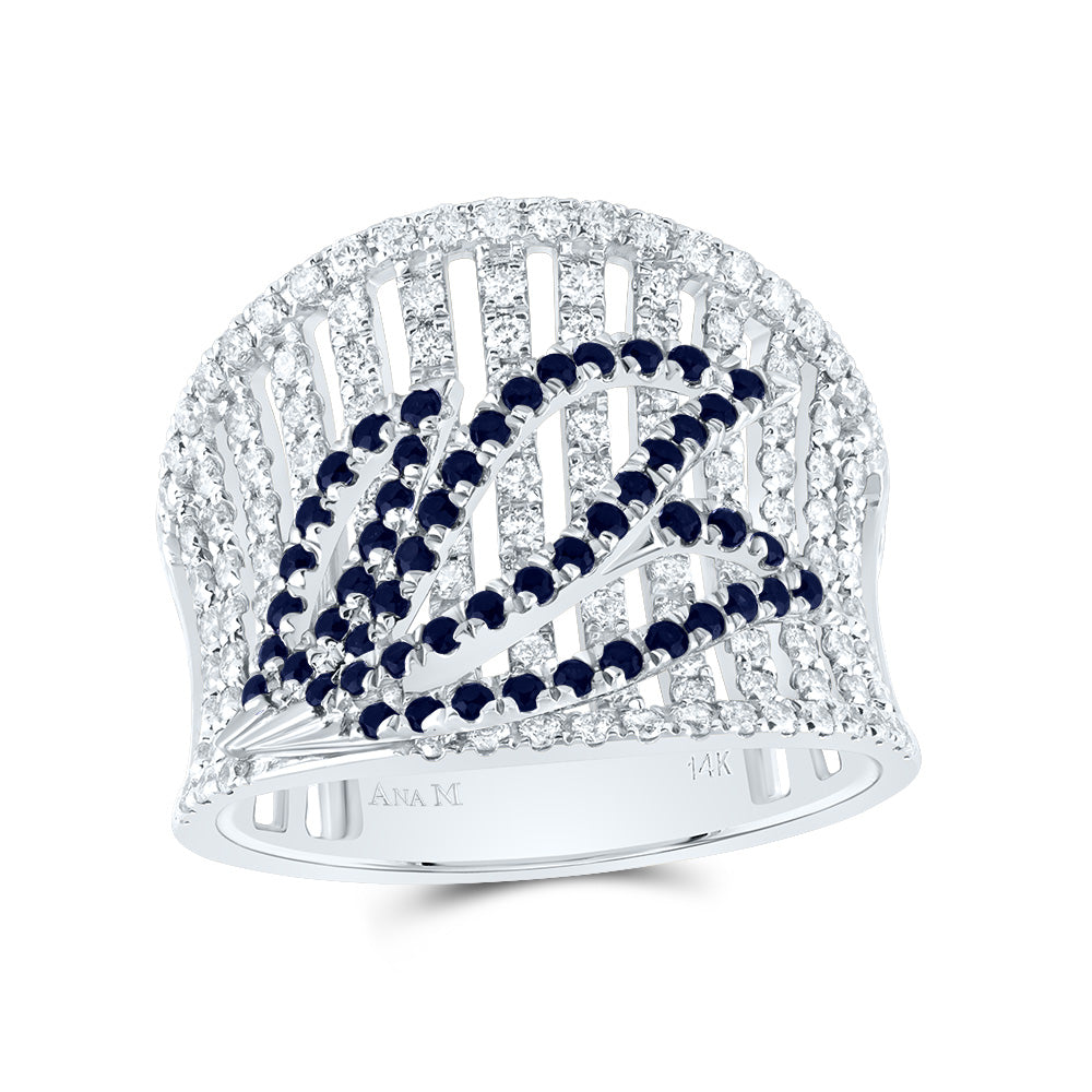 14kt White Gold 1 Cttw Diamond Ana M and 1/2 Cttw Round Blue Sapphire Natural Wedding Engagement Anniversary Gem Ring, Women Size: 5-9