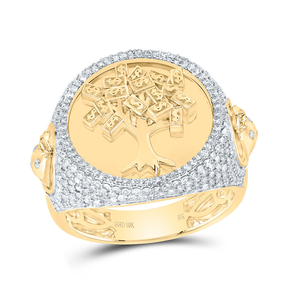 10kt Yellow Gold 1 1/5 Cttw Diamond Money Tree Mens Ring, Men Size: 8-12