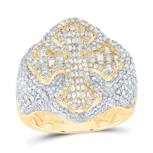 10kt Yellow Gold 3 Cttw Diamond Cross Mens Ring, Men Size: 8-12