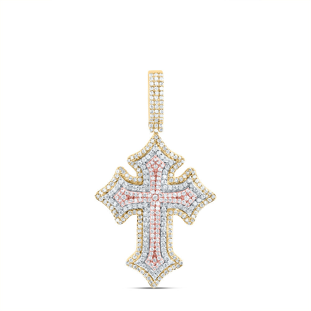 10kt Tri-tone Gold 1 3/4 Cttw Diamond Cross Mens Charm