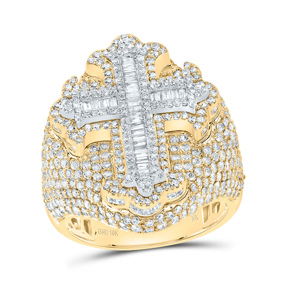 10kt Yellow Gold 3 Cttw Diamond Cross Mens Ring, Men Size: 8-12