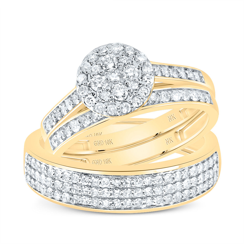 10kt Yellow Gold His & Hers 1 Cttw Diamond Round Bridal Wedding Ring Band Set, Women Size: 5-9, Men Size: 8-12