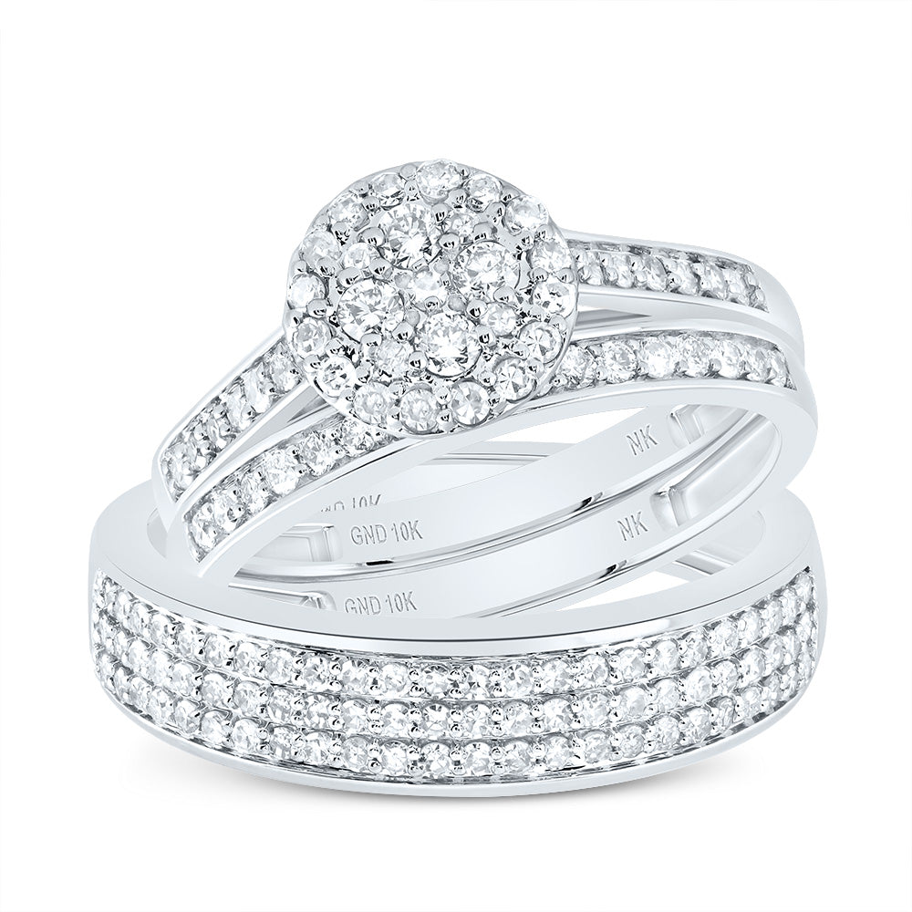 10kt White Gold His & Hers 1 Cttw Diamond Round Bridal Wedding Ring Band Set, Women Size: 5-9, Men Size: 8-12