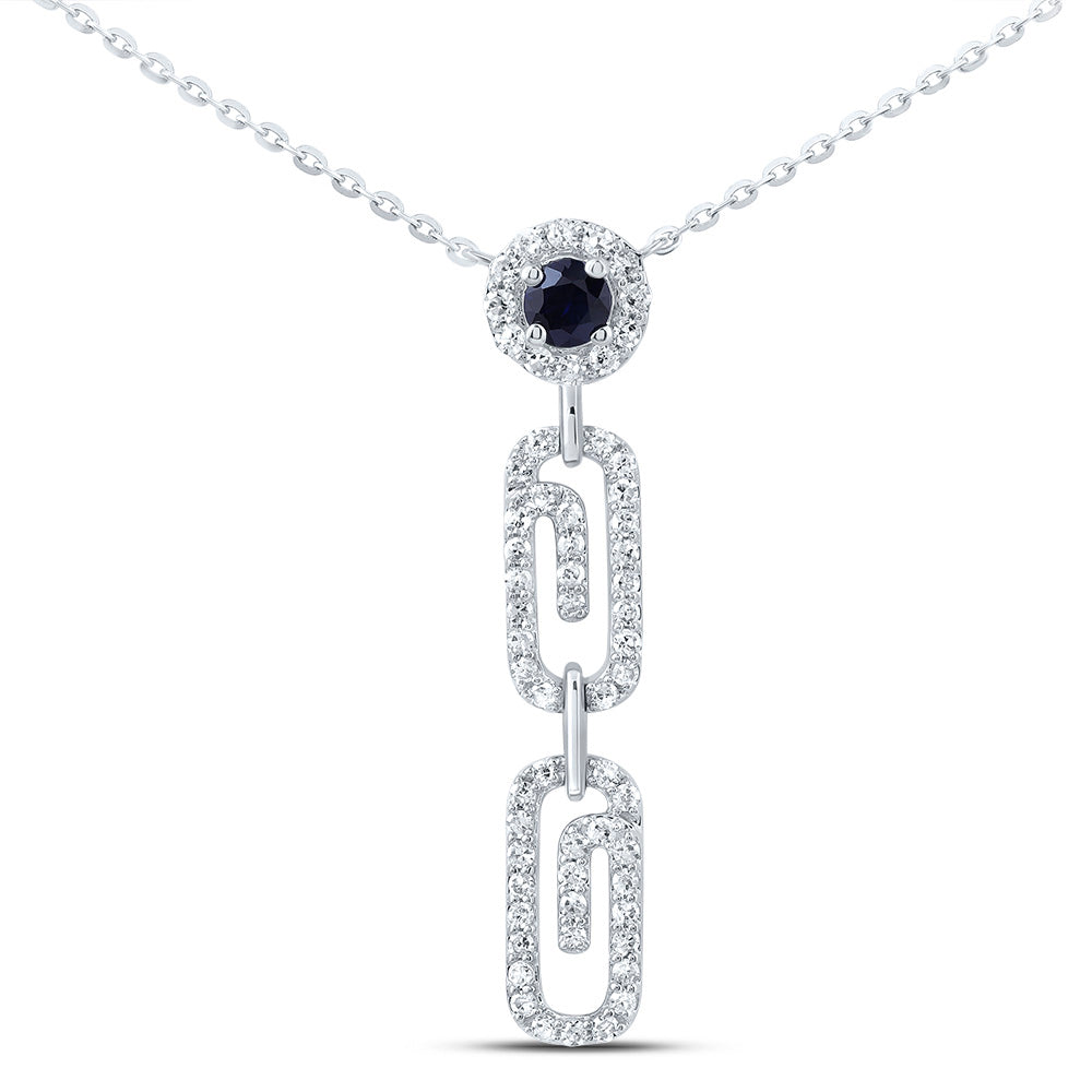 10kt White Gold 1/4 Cttw Natural Diamond 3mm Round Blue Sapphire Natural Gem Paper Clip Necklace, Length: 18 Inch