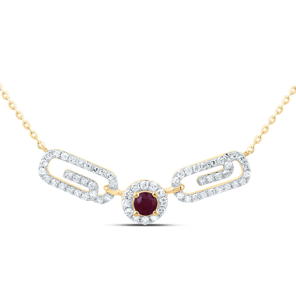 10kt Yellow Gold 1/4 Cttw Natural Diamond 3mm Round Ruby Natural Gem Paper Clip Necklace, Length: 18 Inch