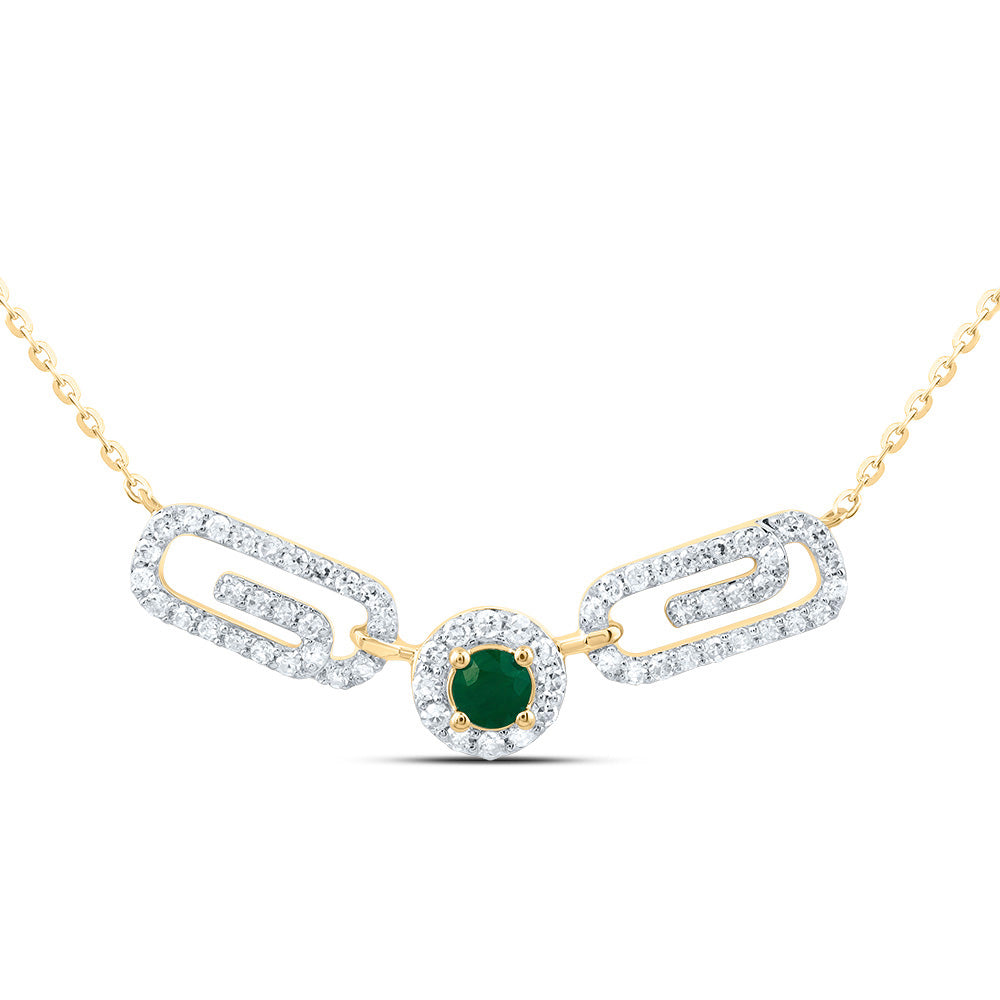 10kt Yellow Gold 1/4 Cttw Diamond 3mm Round Emerald Natural Gem Paper Clip Necklace, Length: 18 Inch