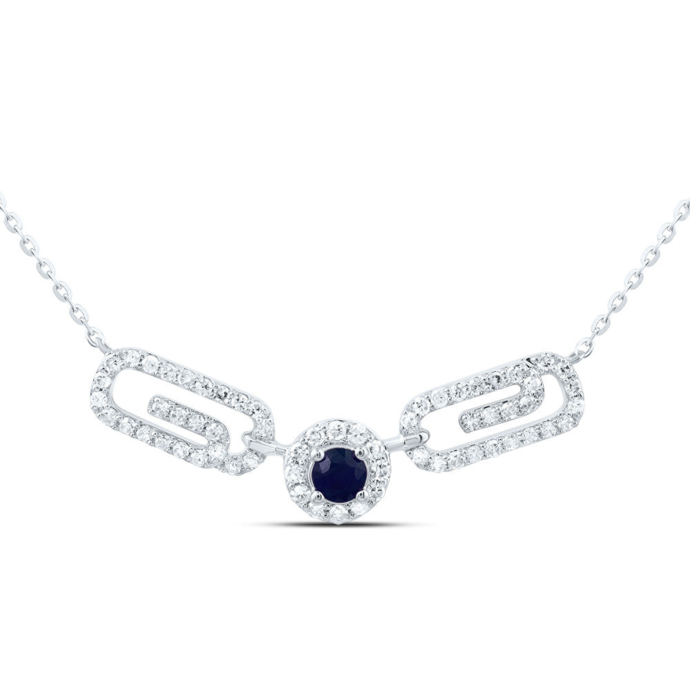 10kt White Gold 1/4 Cttw Natural Diamond 3mm Round Blue Sapphire Natural Gem Paper Clip Necklace, Length: 18 Inch