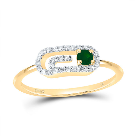 10kt Yellow Gold 1/8 Cttw Natural Diamond 3mm Round Emerald Natural Gem Paper Clip Wedding Engagement Anniversary Ring, Women Size: 5-9