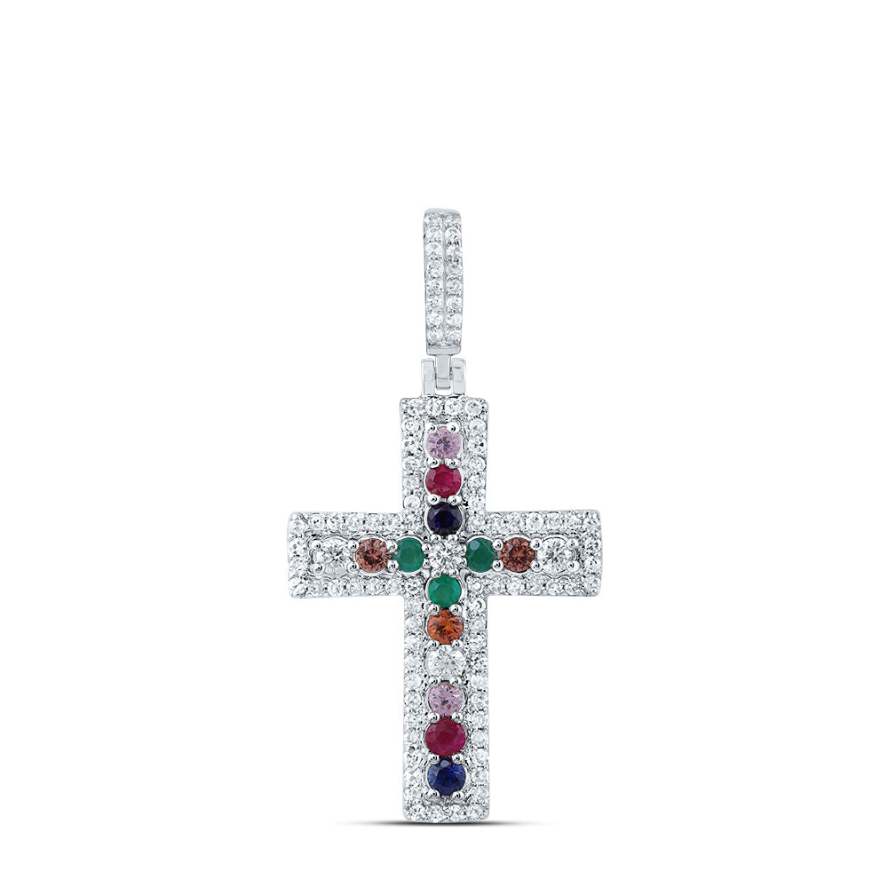 10kt White Gold 1/3 Cttw Natural Diamond and 1/3 Cttw Round Natural Gem Multicolor Sapphire Cross Pendant