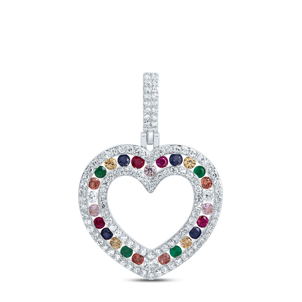 10kt White Gold 1/3 Cttw Natural Diamond 3/8 Cttw Round Natural Gem Multicolor Sapphire Heart Pendant