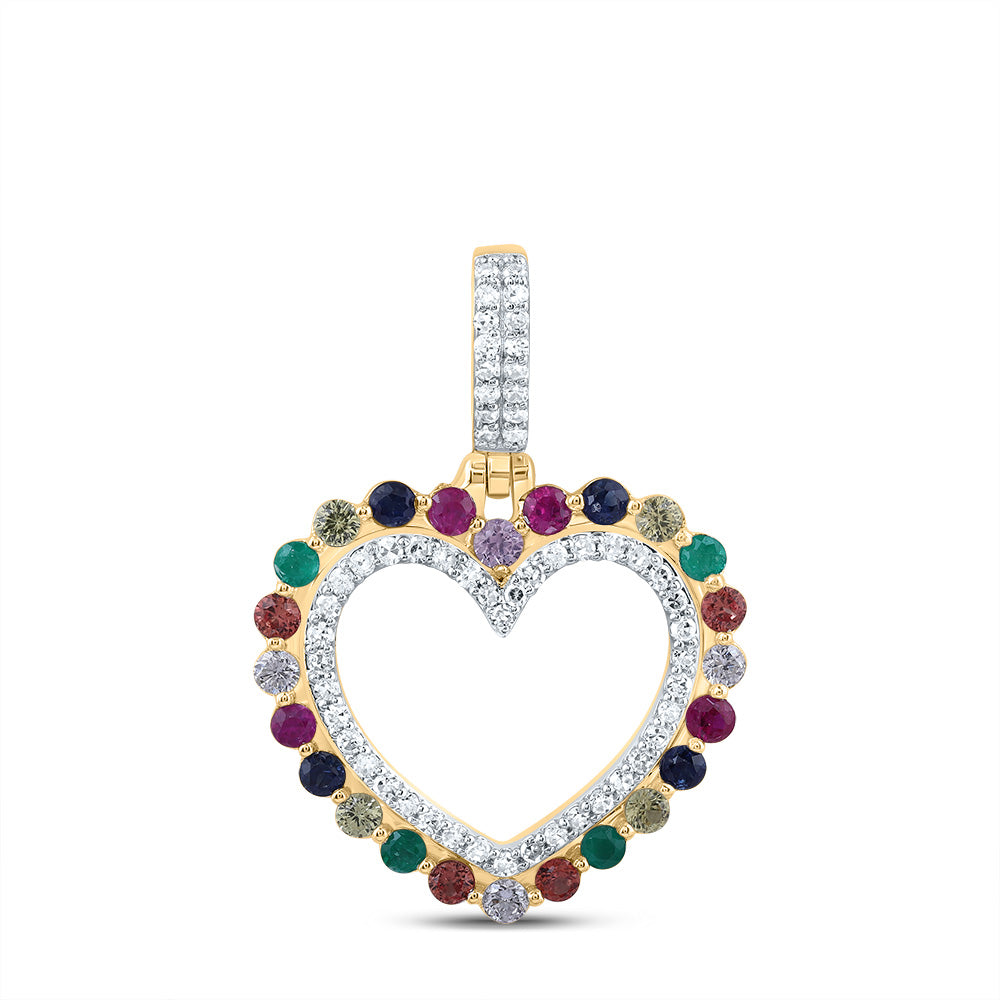 10kt Yellow Gold 1/5 Cttw Natural Diamond 3/8 Cttw Round Natural Gem Multicolor Sapphire Heart Pendant