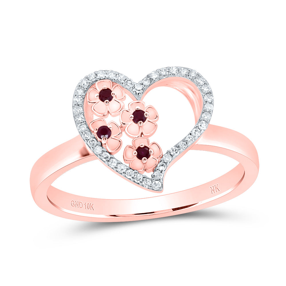 10kt Rose Gold 1/10 Cttw Natural Diamond and 1/20 Cttw Round Ruby Natural Gem Heart Wedding Engagement Anniversary Ring, Women Size: 5-9