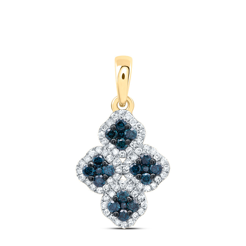 10kt Yellow Gold 3/8 Cttw Diamond Blue Diamond Clover Pendant