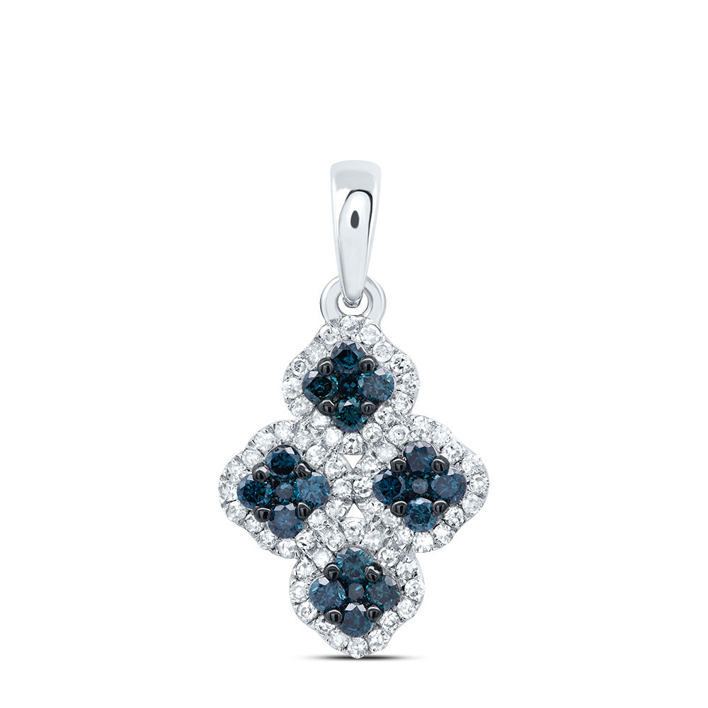 10kt White Gold 3/8 Cttw Diamond Blue Diamond Clover Pendant