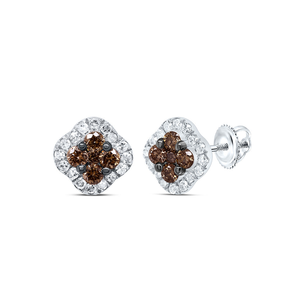 10kt White Gold 1/3 Cttw Diamond Cognac Natural Diamond Clover Stud Earring