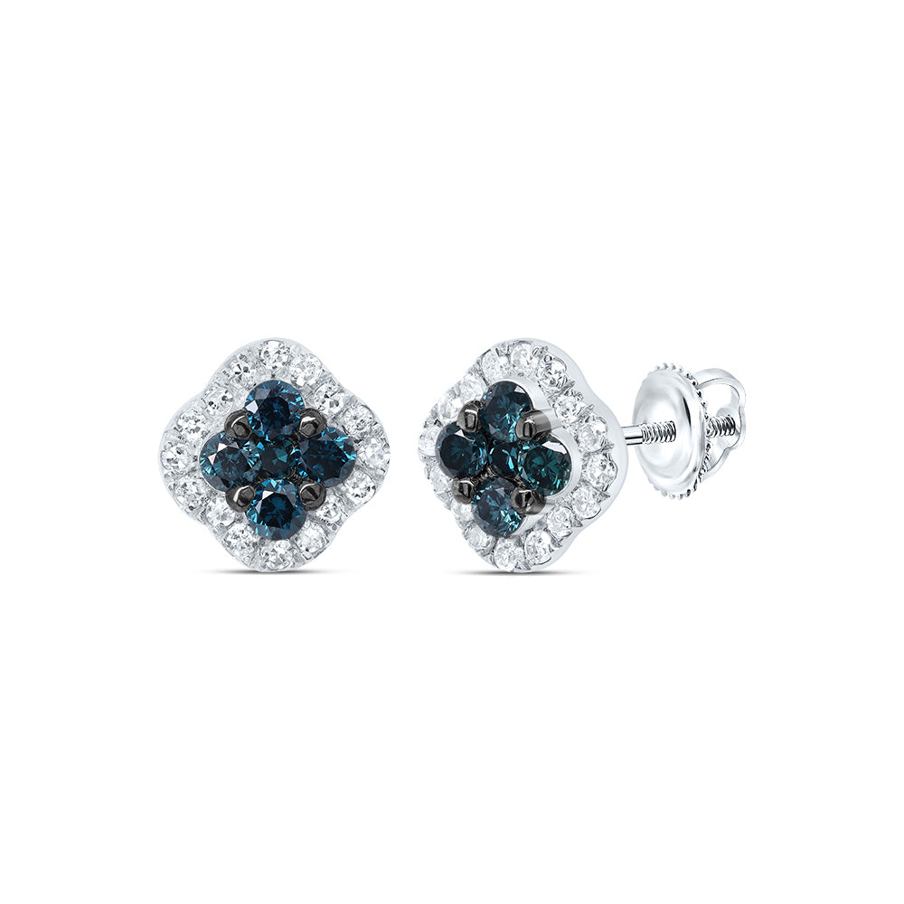10kt White Gold 1/3 Cttw Diamond Blue Diamond Clover Stud Earring