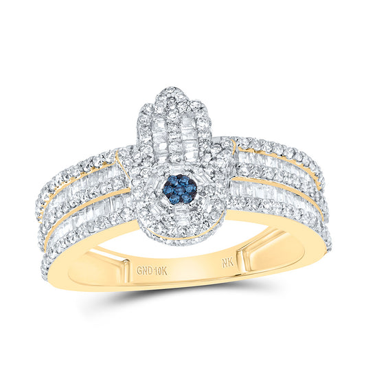 10kt Yellow Gold 1 Cttw Diamond Fashion Blue Diamond Hamsa Wedding Engagement Anniversary Ring, Women Size: 5-9