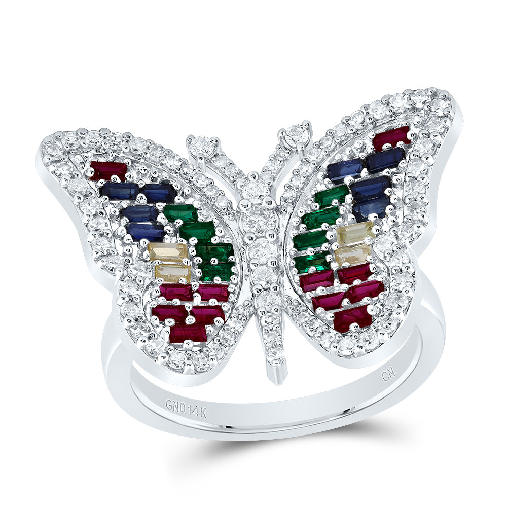 14kt White Gold 1/2 Cttw Diamond 3/4 Cttw Bag Natural Gem Multicolor Sapphire Wedding Engagement Anniversary Butterfly Ring, Women Size: 5-9