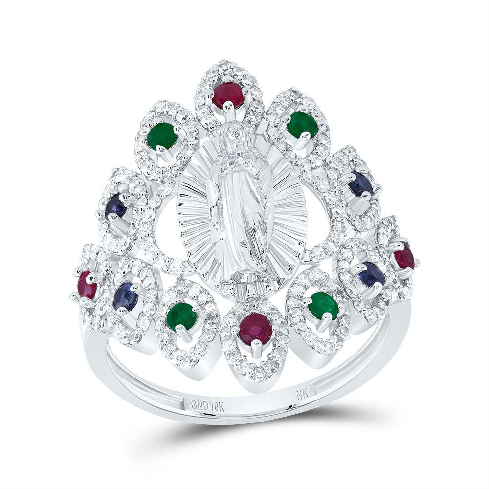 10kt White Gold 1/2 Cttw Diamond and 1/6 Cttw Round ru,1/8 Cttw Round bs,1/10 Cttw Round Emerald Natural Gem Virgin Mother Mary Wedding Engagement Anniversary Ring, Women Size: 5-9