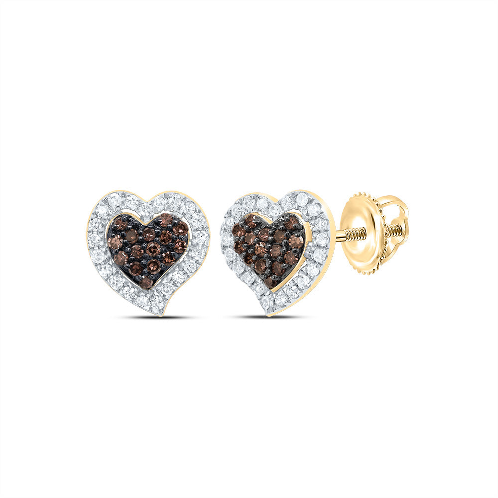 10kt Yellow Gold 1/4 Cttw Natural Diamond Cognac Natural Diamond Heart Stud Earring