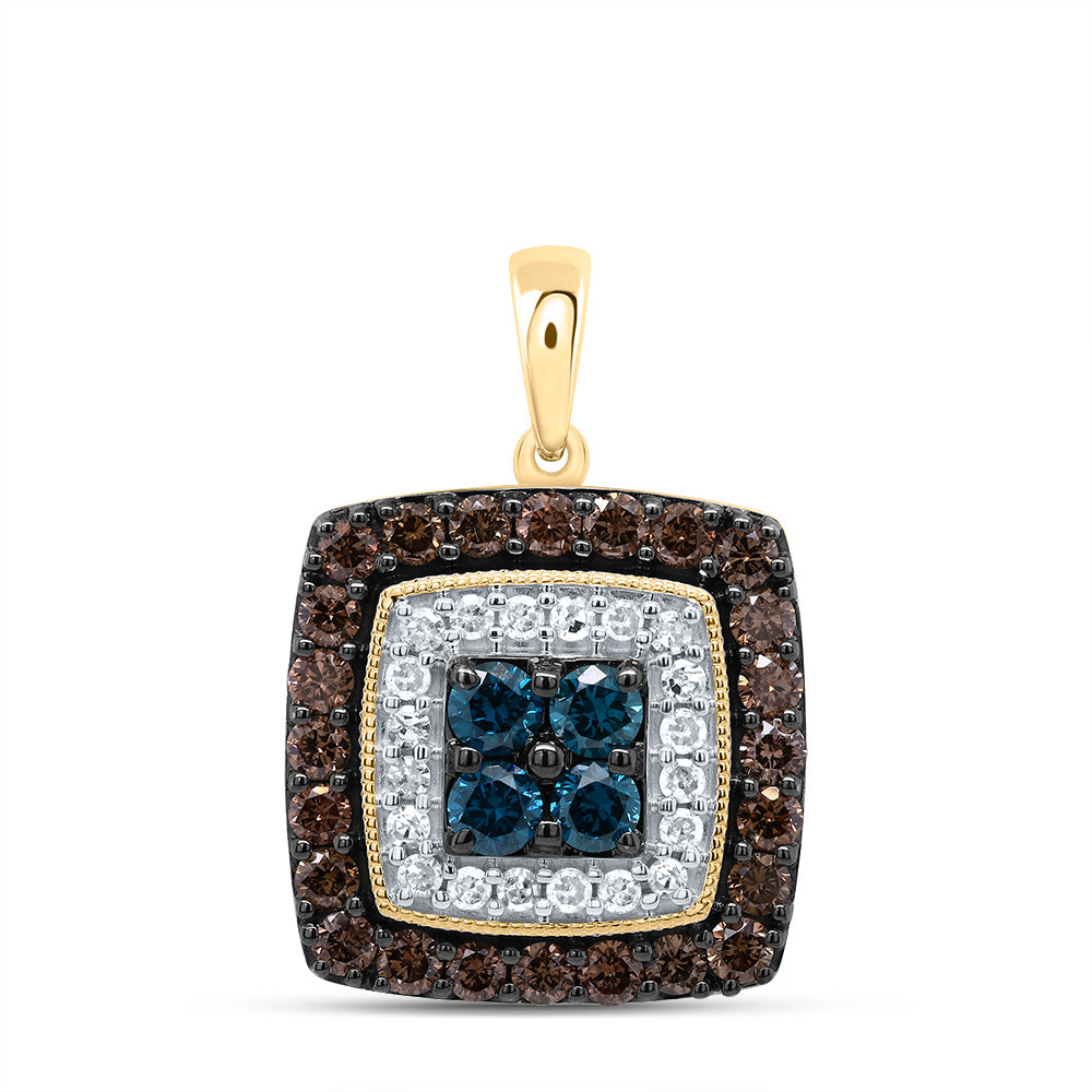 10kt Yellow Gold 3/4 Cttw Diamond Cognac Natural, Blue Diamond Square Pendant