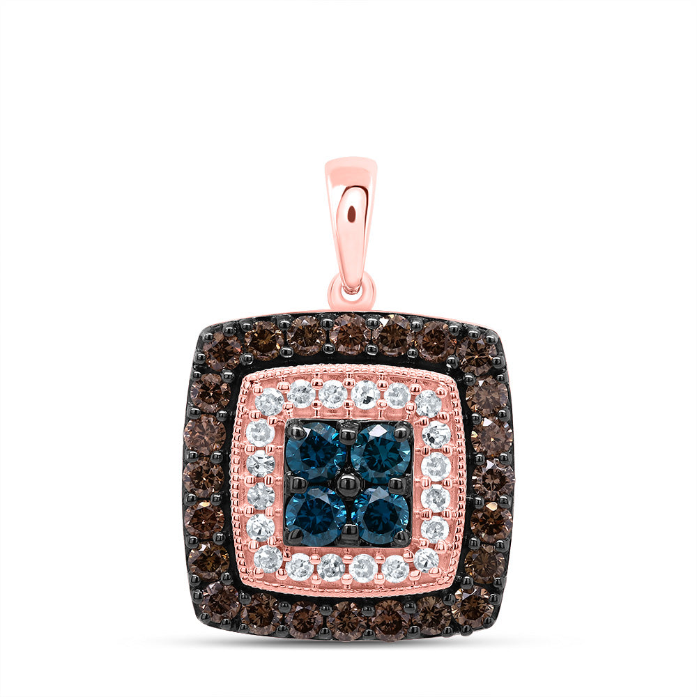 10kt Rose Gold 3/4 Cttw Diamond Cognac Natural, Blue Diamond Square Pendant