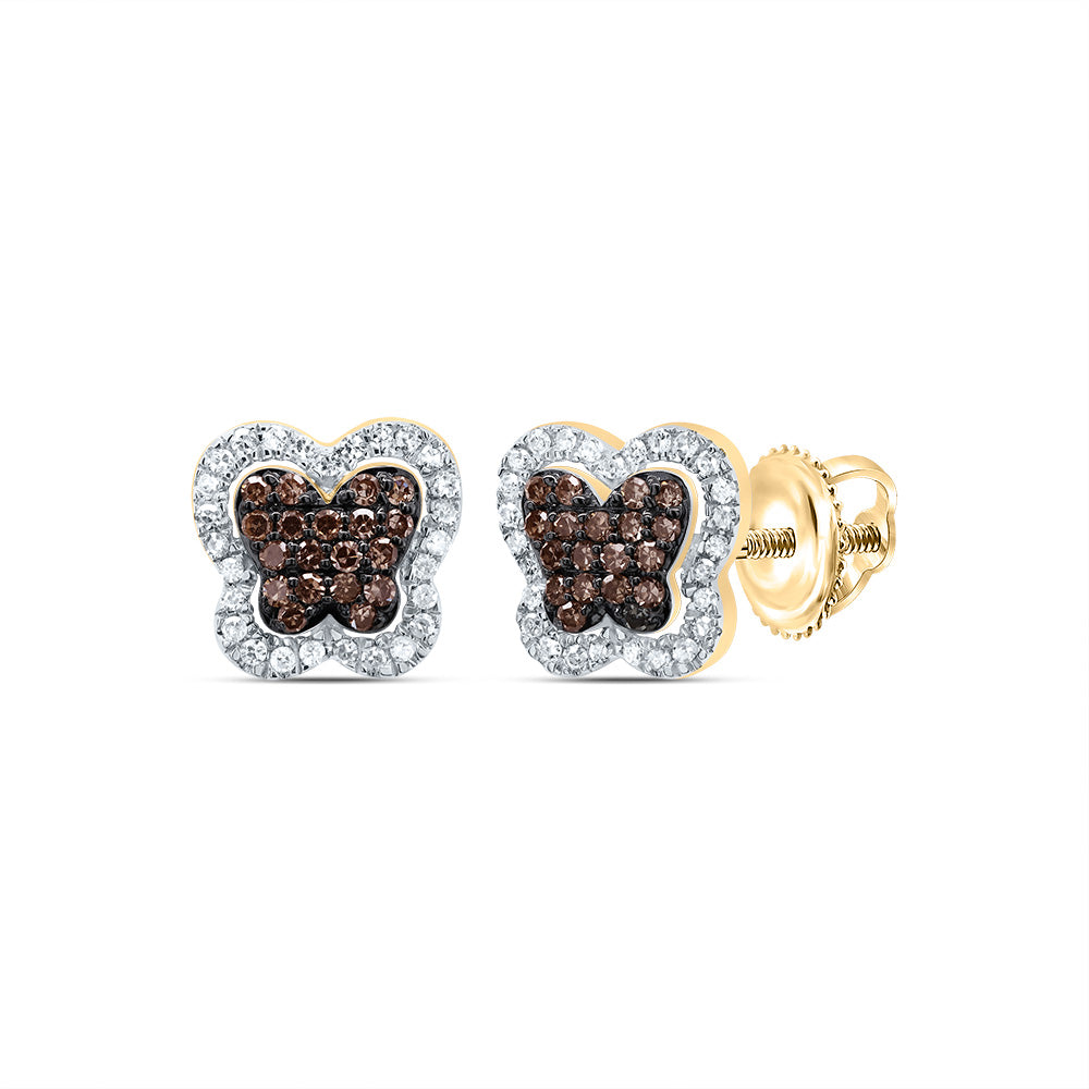 10kt Yellow Gold 1/3 Cttw Diamond Cognac Natural Diamond Butterfly Stud Earring