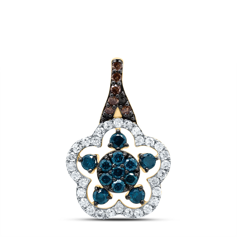 10kt Yellow Gold 1/2 Cttw Diamond Cognac Natural, Blue Diamond Flower Pendant