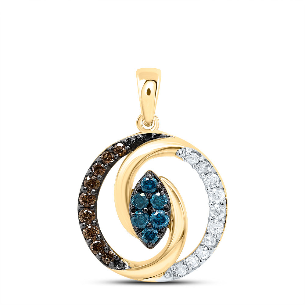 10kt Yellow Gold 1/3 Cttw Diamond Cognac Natural, Blue Diamond Round Pendant