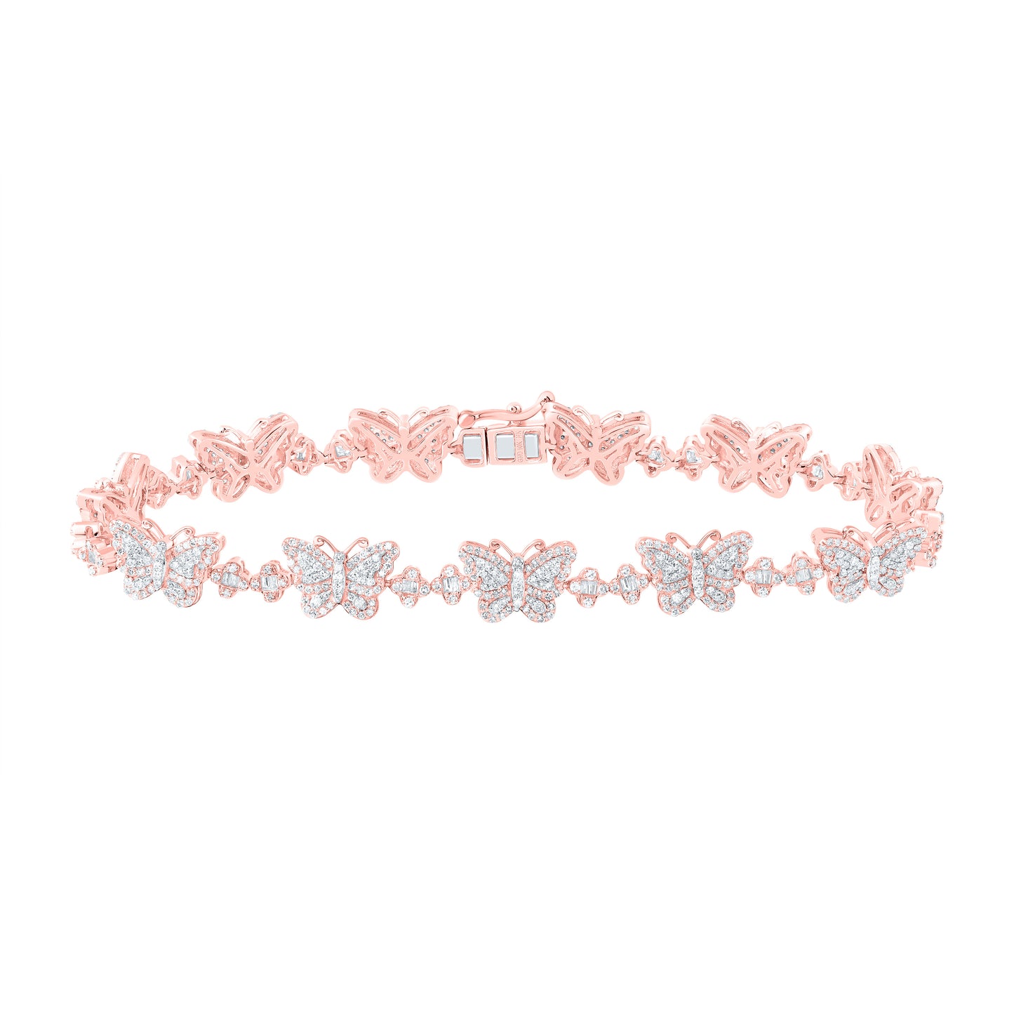 10kt Rose Gold 2 Cttw Diamond Clover Butterfly Ladies Bracelet, Length: 7 Inch