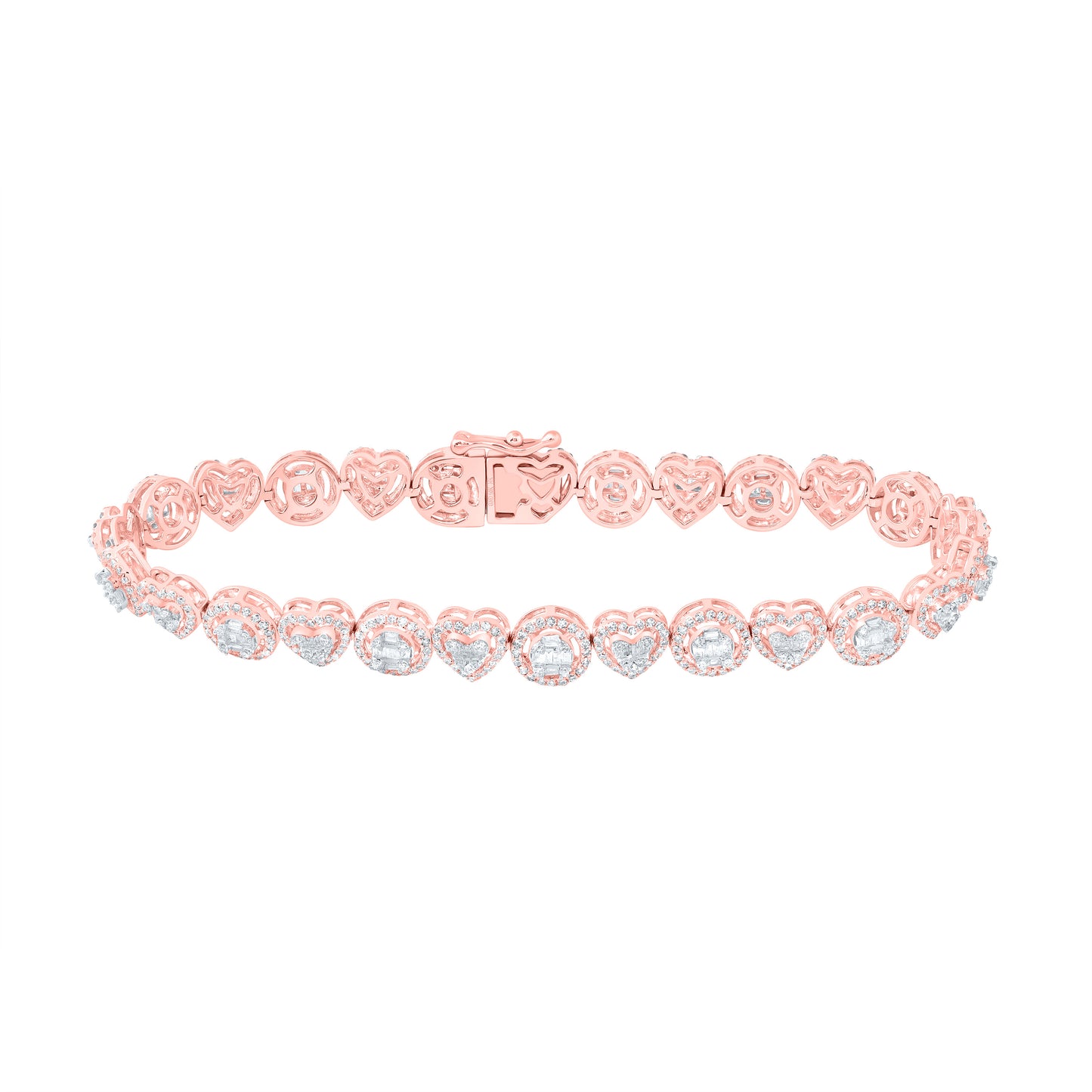 10kt Rose Gold 2 1/2 Cttw Natural Diamond Heart Round Ladies Bracelet, Length: 7 Inch