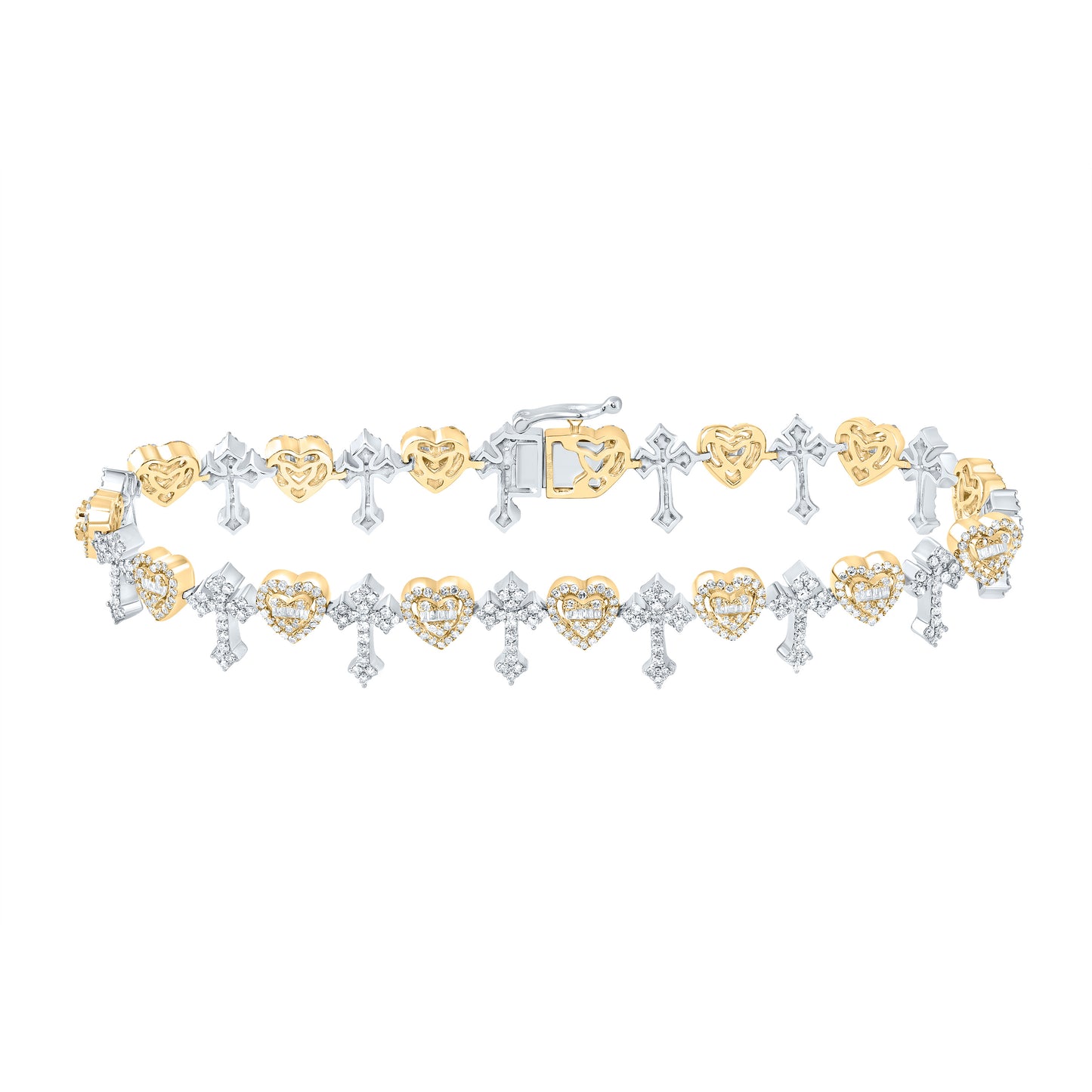 10k Yellow White 2 7/8 Cttw Natural Diamond Fashion Heart Cross Mens Bracelet, Length: 8 Inch