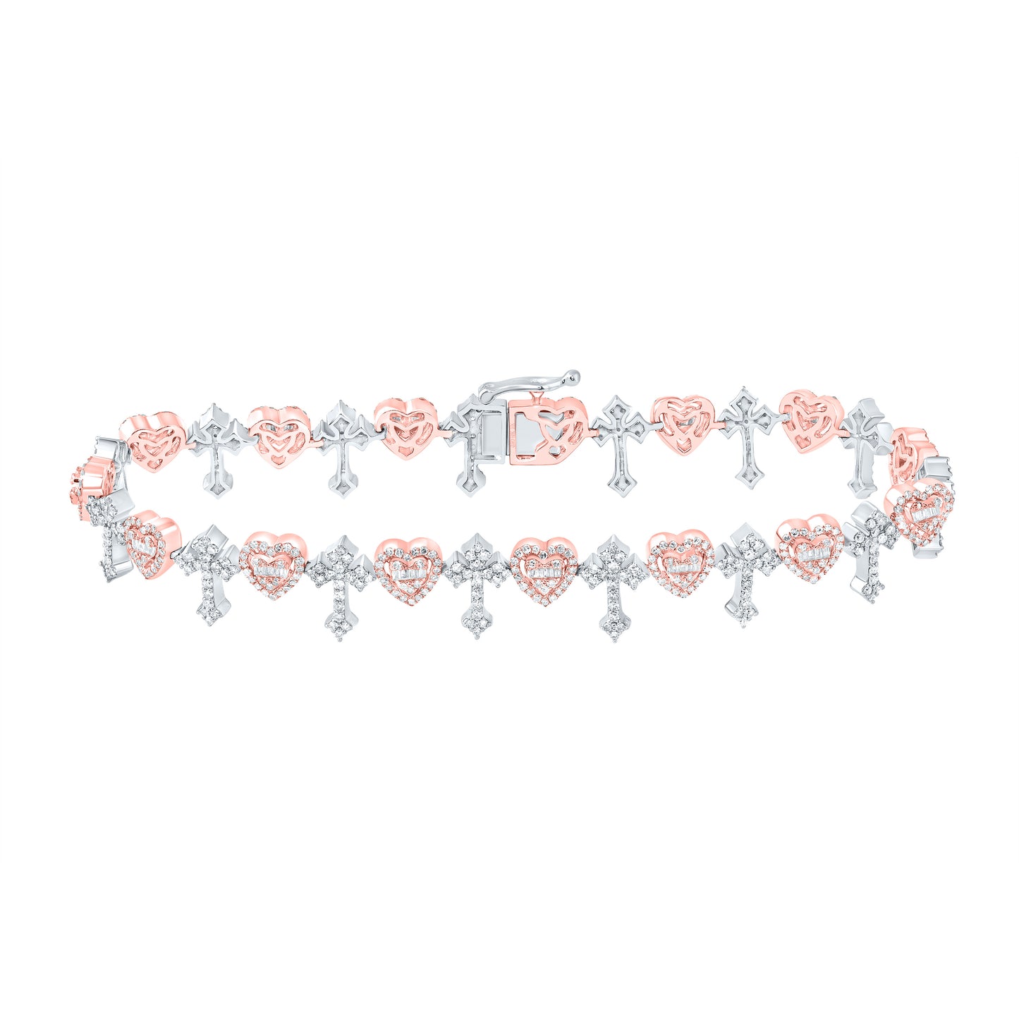 10k Rose White Gold 2 7/8 Cttw Natural Diamond Fashion Heart Cross Mens Bracelet, Length: 8 Inch