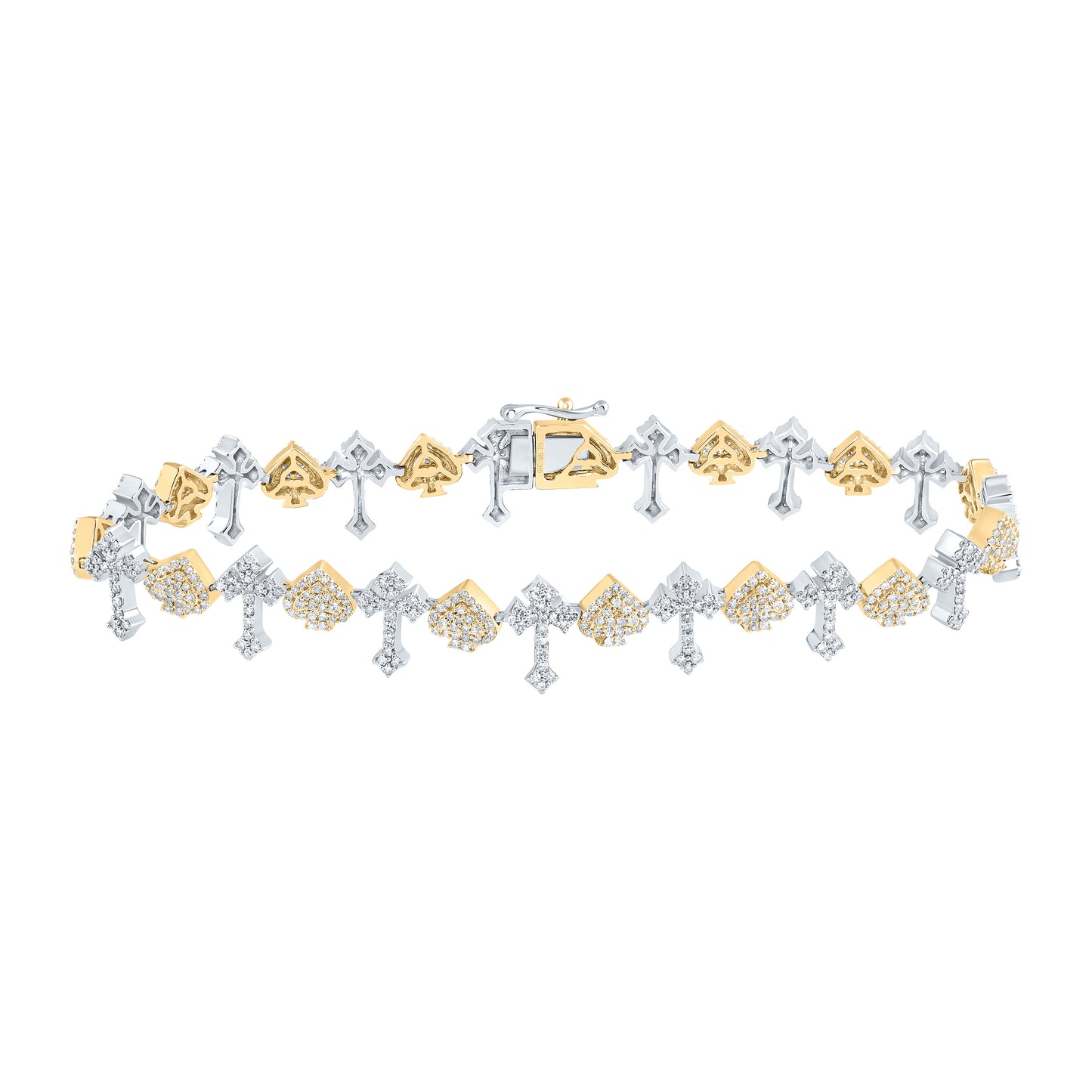 10k Yellow White 2 5/8 Cttw Natural Diamond Cross Mens Bracelet, Length: 8 Inch
