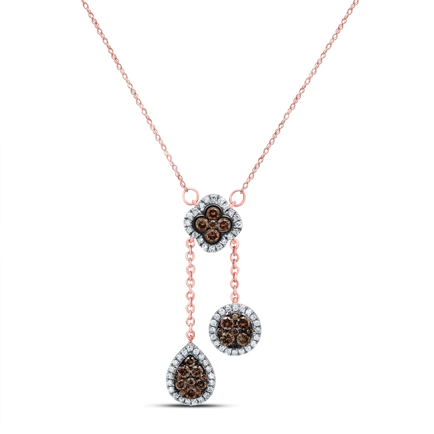 10kt Rose Gold 1 Cttw Diamond Cognac Natural Diamond Clover-pear Round Necklace, Length: 18 Inch