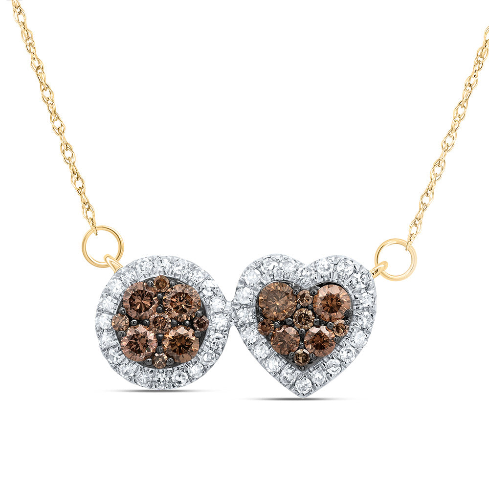 10kt Yellow Gold 5/8 Cttw Natural Diamond Cognac Natural Diamond Heart Round Necklace, Length: 18 Inch