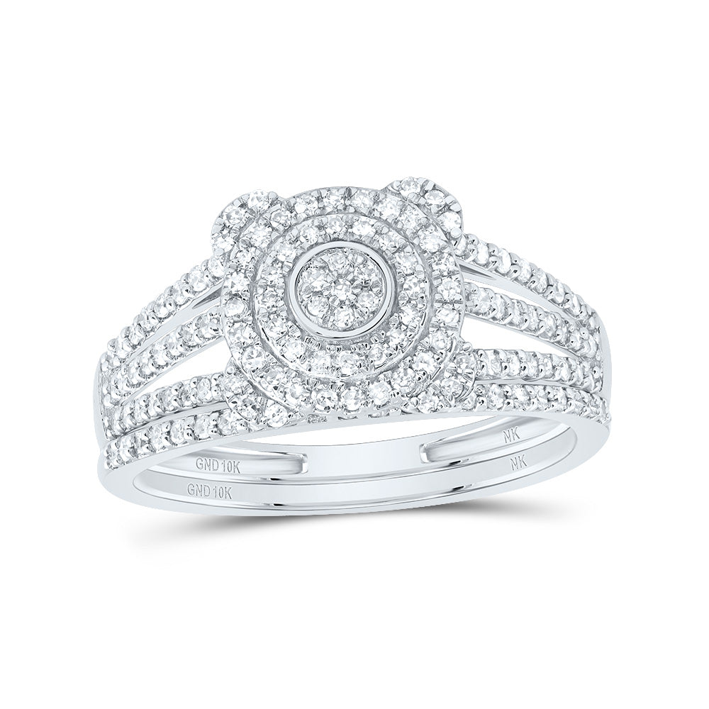 10kt White Gold 1/2 Cttw Natural Diamond Round Double Halo Wedding Engagement Anniversary Bridal Set, Women Size: 5-9