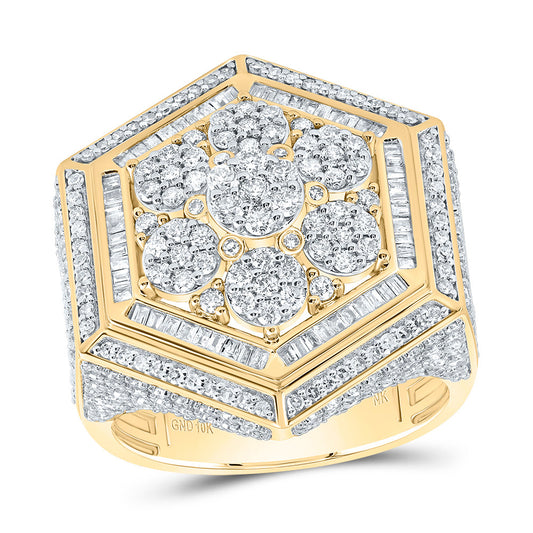 10kt Yellow Gold 2 5/8 Cttw Natural Diamond Hexagon Flower Men's Ring, Men Size: 8-12