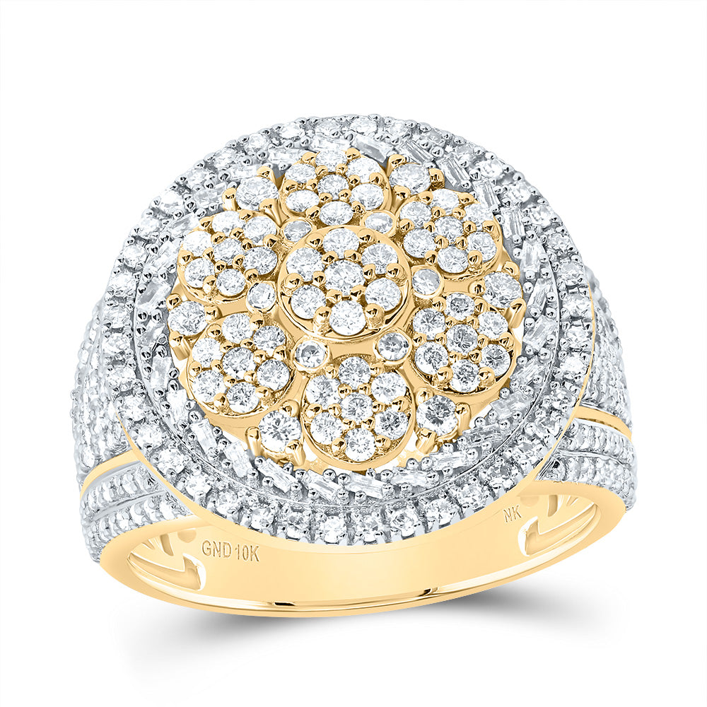 10kt Yellow Gold 1 3/4 Cttw Natural Diamond Round Flower Men's Ring, Men Size: 8-12