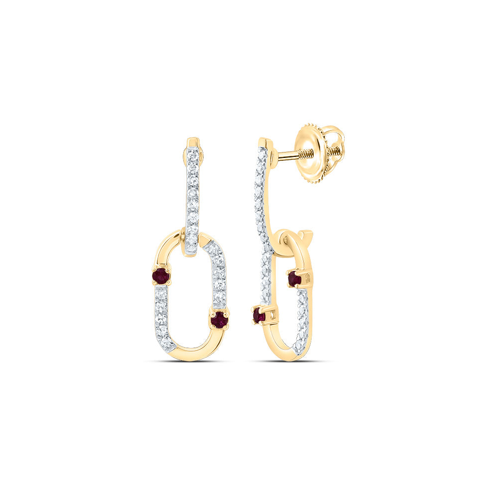 14kt Yellow Gold 1/6 Cttw Natural Diamond and 1/20 Cttw Round Ruby Natural Gem Paper Clip Dangling Earring