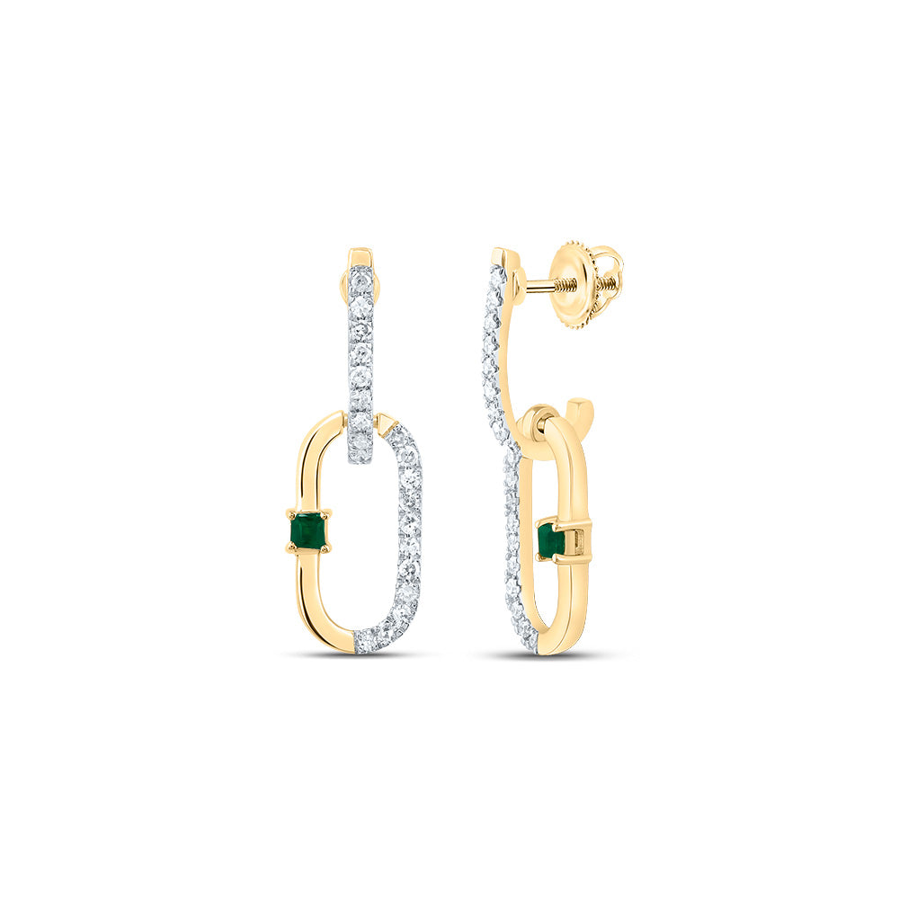 14kt Yellow Gold 1/6 Cttw Natural Diamond 1.5mm Pr Emerald Natural Gem Paper Clip Dangling Earring