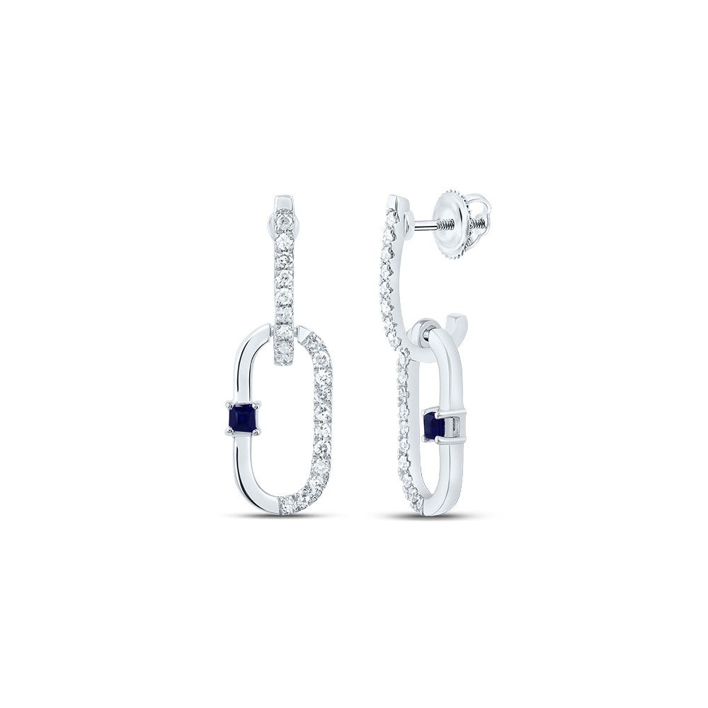 14kt White Gold 1/6 Cttw Natural Diamond 1.5mm Pr Blue Sapphire Natural Gem Paper Clip Dangling Earring