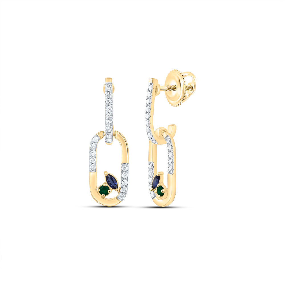 14kt Yellow Gold 1/6 Cttw Natural Diamond 1.6mm Round em, 3x2mm Marquise Blue Sapphire Natural Gem Paper Clip Dangling Earring