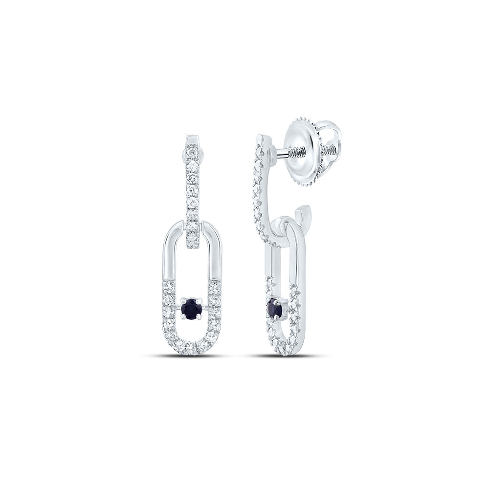 14kt White Gold 1/6 Cttw Natural Diamond 1.8mm Round Blue Sapphire Natural Gem Paper Clip Dangling Earring